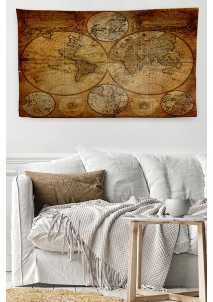 Duvar Örtüsü Eski Wintage Dünya Haritası li Kanvas Duvar Halısı - 4058