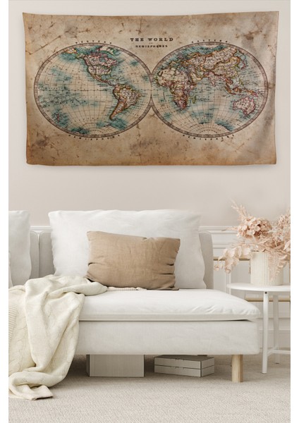 Duvar Örtüsü Eski Wintage Dünya Haritası li Kanvas Duvar Halısı - 4059