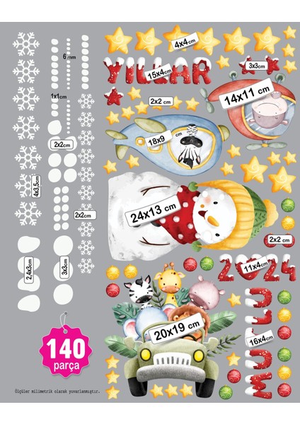 Yılbaşı Yeni Yıl Çocuk Bebek Odası Sticker, Kardan Adam, Uçak Helikopter Ve Sevimli Hayvanlar Temalı Çift Taraflı Sticker