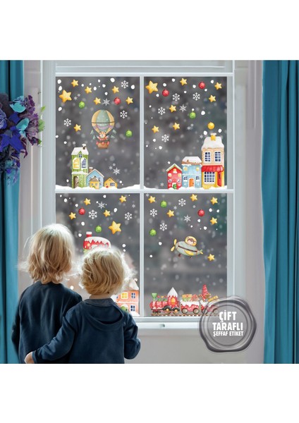 Yılbaşı Yeni Yıl Çocuk Bebek Odası Sticker, Balon, Tren, Uçak Ve Evler Çift Taraflı
