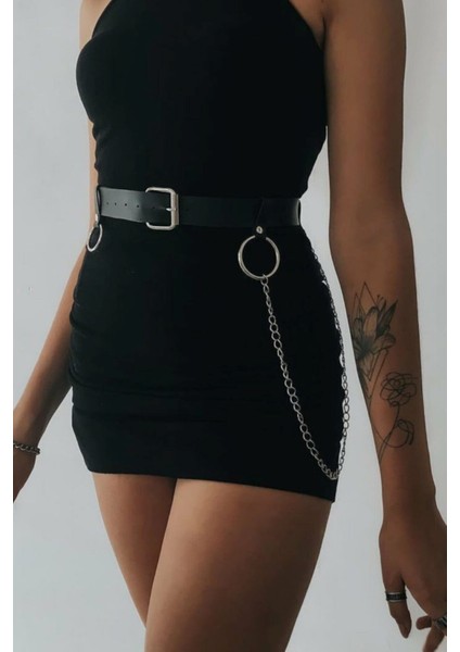 Mlvx Elbise Üzeri Zincirli Deri Şık Kemer Aksesuar Harness - 656 Blsm
