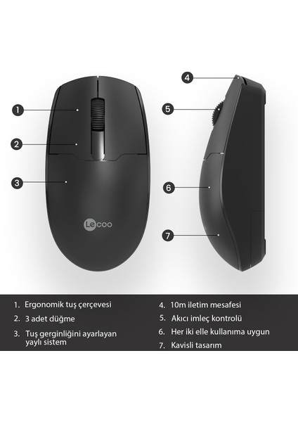 Lenovo Lecoo WS204 Kablosuz 1200DPI 3 Tuşlu Optik Siyah Mouse