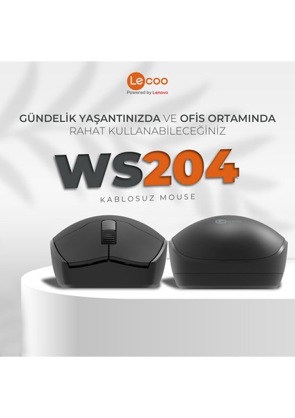 Lenovo Lecoo WS204 Kablosuz 1200DPI 3 Tuşlu Optik Siyah Mouse