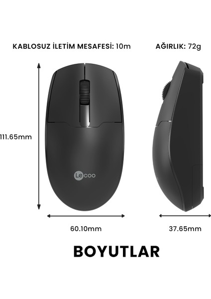 Lenovo Lecoo WS204 Kablosuz 1200DPI 3 Tuşlu Optik Siyah Mouse