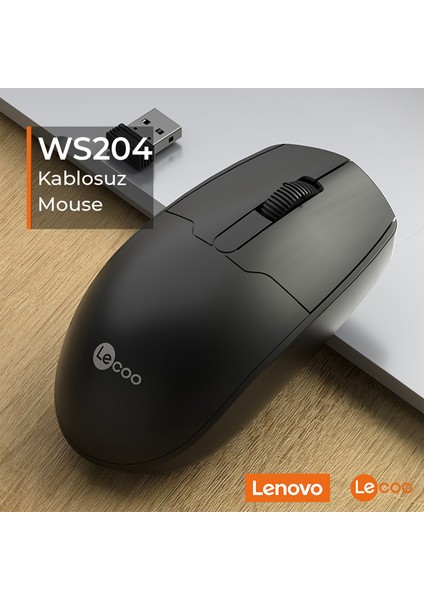 Lenovo Lecoo WS204 Kablosuz 1200DPI 3 Tuşlu Optik Siyah Mouse