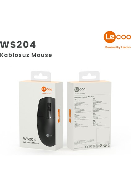 Lenovo Lecoo WS204 Kablosuz 1200DPI 3 Tuşlu Optik Siyah Mouse