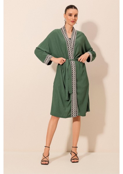 5865 Nakışlı Örme Uzun Kimono - Zümrüt Yeşili modelleri