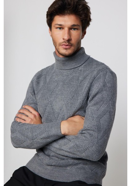 Slim Fit Dar Kesim Tam Balıkçı Yaka Desenli Gri Erkek Triko Kazak fiyatları