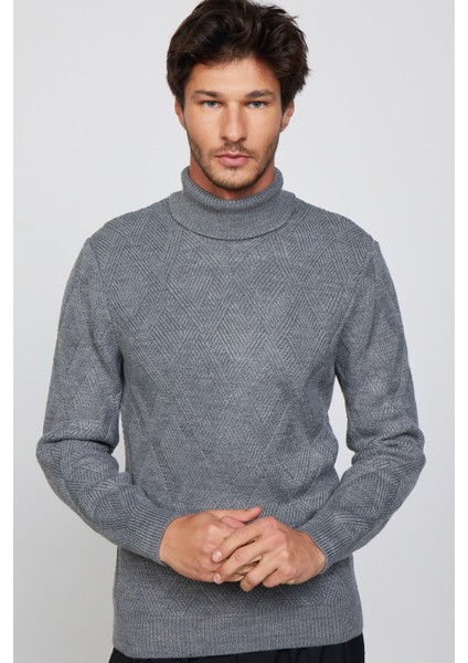 Slim Fit Dar Kesim Tam Balıkçı Yaka Desenli Gri Erkek Triko Kazak fırsatları