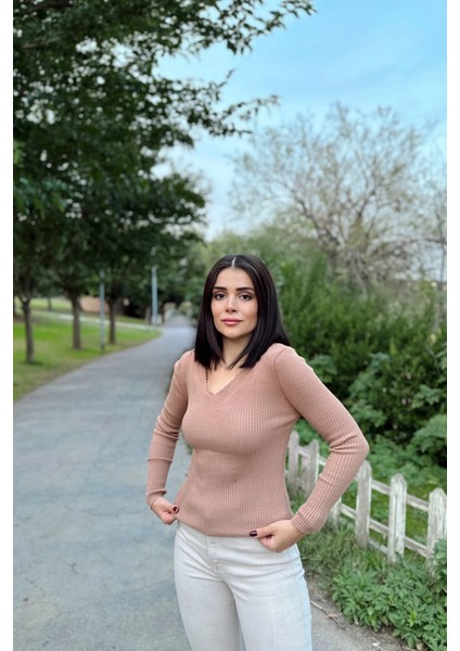 Kadın Vizon V Yaka, Uzun Kol, Vucüda Oturan Kalıp, Esnek Kumaş, Düz Desen, Triko Bluz modelleri