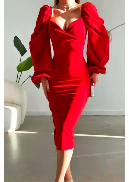 Ithal Krep Kumaş Uzun Kol Elbise