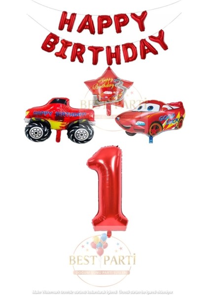 Kırmızı Renk Happy Bırthday Rakam Araba ve Jeep Folyo Balon Seti Yaş 1