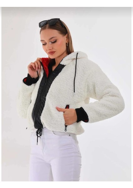 Kadın Beyaz Çift Cepli Fermuarlı Içi Saten Astarlı Rahat Suni Kürklü Peluş Ceket HZL24W-BD129391 fiyatları