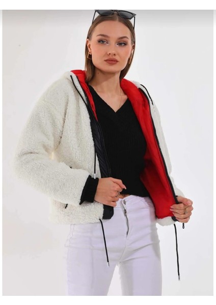 Kadın Beyaz Çift Cepli Fermuarlı Içi Saten Astarlı Rahat Suni Kürklü Peluş Ceket HZL24W-BD129391 modelleri