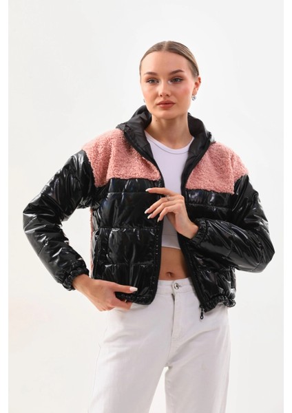 Kadın Pembe Siyah Rugan Fermuarlı Içi Astarlı Beli Lastikli Crop Peluş Ceket HZL24W-BRC129361