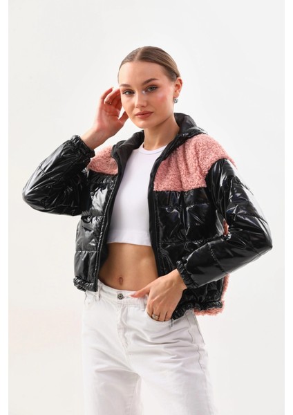 Kadın Pembe Siyah Rugan Fermuarlı Içi Astarlı Beli Lastikli Crop Peluş Ceket HZL24W-BRC129361 modelleri