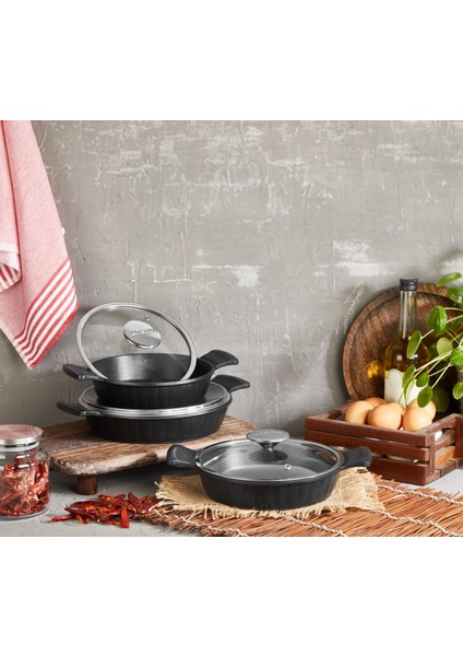 Daisy 6 Parça Döküm Yanmaz Yapışmaz Omlet (Sahan) Seti - Cam Kapaklı