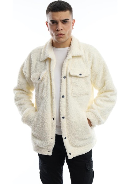 Erkek Oversize Çıt Çıt Kapamalı Cepli Ekru Peluş Ceket