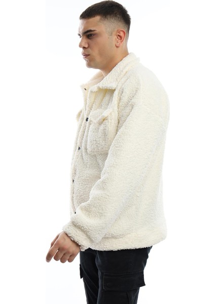 Erkek Oversize Çıt Çıt Kapamalı Cepli Ekru Peluş Ceket fırsatları