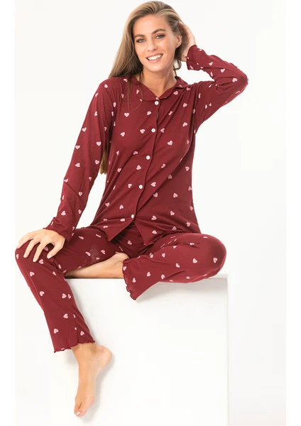 Sude Homewear Kırmızı Kalp Desenli Gömlek Uzun Kol Pijama Takımı