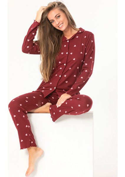 Sude Homewear Kırmızı Kalp Desenli Gömlek Uzun Kol Pijama Takımı