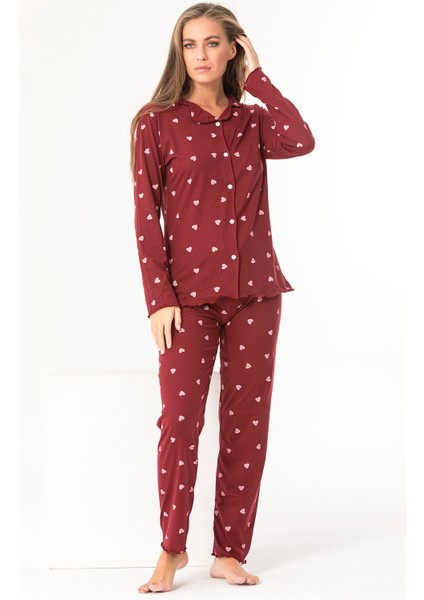 Sude Homewear Kırmızı Kalp Desenli Gömlek Uzun Kol Pijama Takımı