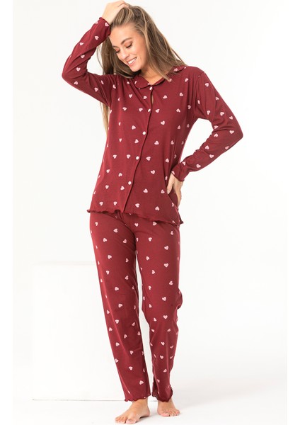 Sude Homewear Kırmızı Kalp Desenli Gömlek Uzun Kol Pijama Takımı