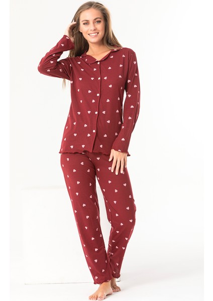 Sude Homewear Kırmızı Kalp Desenli Gömlek Uzun Kol Pijama Takımı