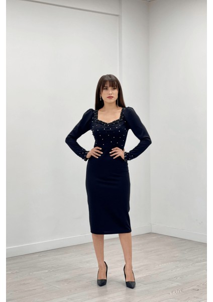 Krep Kumaş Inci Detaylı Kalem Abiye Elbise - Siyah fiyatları