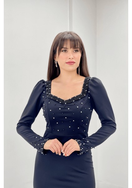 Krep Kumaş Inci Detaylı Kalem Abiye Elbise - Siyah modelleri