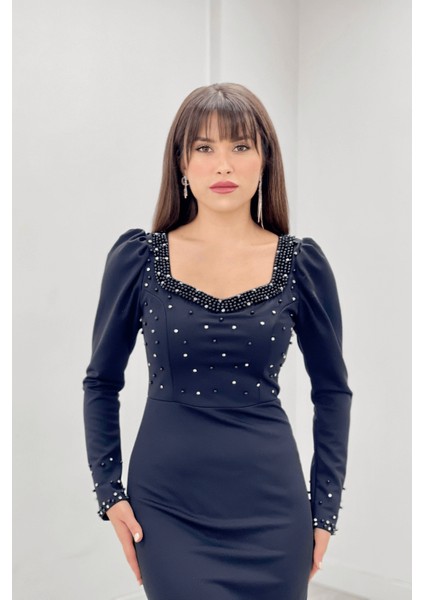 Krep Kumaş Inci Detaylı Kalem Abiye Elbise - Siyah fırsatları