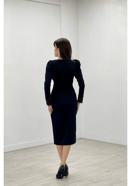 Krep Kumaş Inci Detaylı Kalem Abiye Elbise - Siyah indirimleri