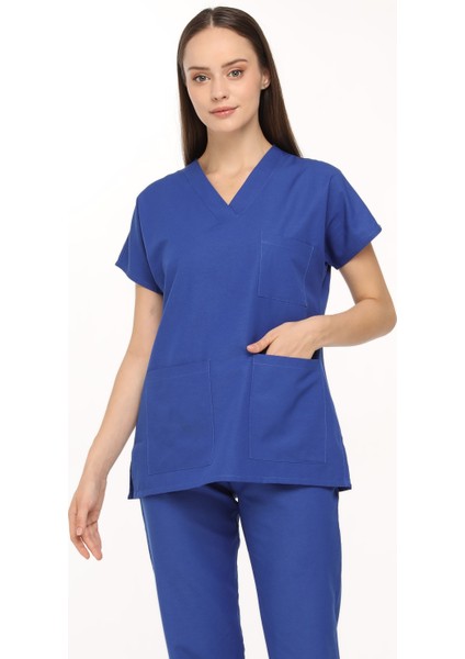 Saks Mavi Likralı Doktor Hemşire Cerrahi Scrubs Kadın Forma Takımı