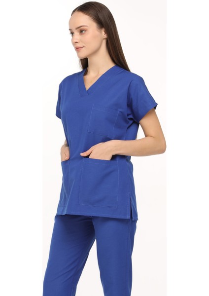 Saks Mavi Likralı Doktor Hemşire Cerrahi Scrubs Kadın Forma Takımı