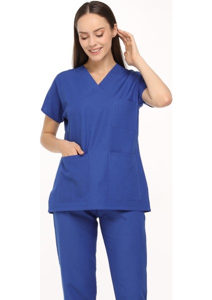 Saks Mavi Likralı Doktor Hemşire Cerrahi Scrubs Kadın Forma Takımı