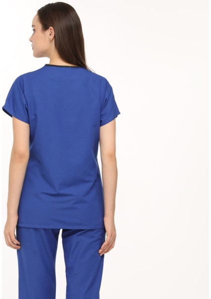 Saks Mavi Likralı Doktor Hemşire Cerrahi Scrubs Kadın Forma Takımı