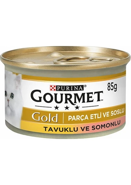 Gourmet Gold Parça Etli Soslu Somonlu Tavuklu Yetişkin Kedi Konservesi 24 Adet 85 Gr