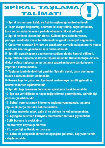 Spiral Taşlama Talimatı Ikaz Levhası