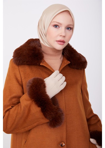 Önü Düğmeli Kürklü Kaban 23K7806 Taba
