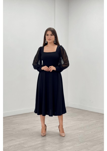 Krep Kumaş Kolları Tül Detaylı Midi Elbise - Siyah fiyatları