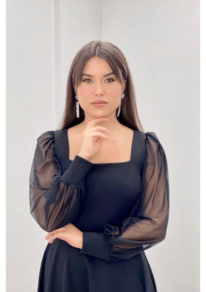 Krep Kumaş Kolları Tül Detaylı Midi Elbise - Siyah modelleri