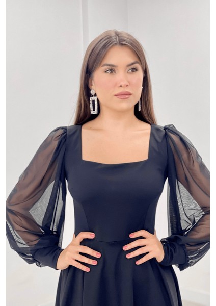 Krep Kumaş Kolları Tül Detaylı Midi Elbise - Siyah fırsatları