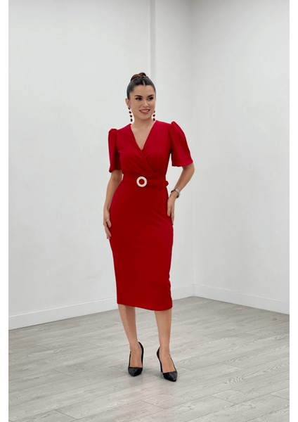 Krep Kumaş Balon Kol Kalem Abiye Elbise - Kırmızı fiyatları
