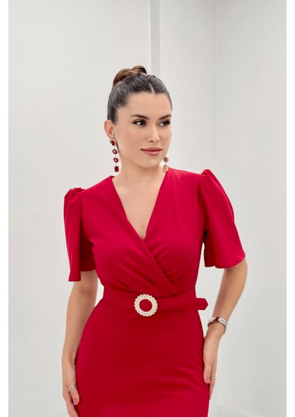 Krep Kumaş Balon Kol Kalem Abiye Elbise - Kırmızı fırsatları