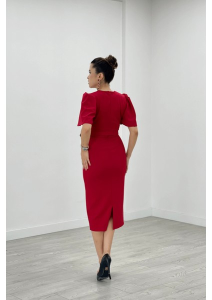 Krep Kumaş Balon Kol Kalem Abiye Elbise - Kırmızı indirimleri