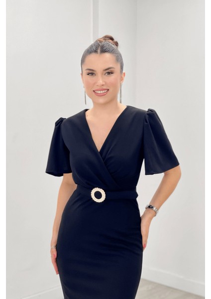Krep Kumaş Balon Kol Kalem Abiye Elbise - Siyah