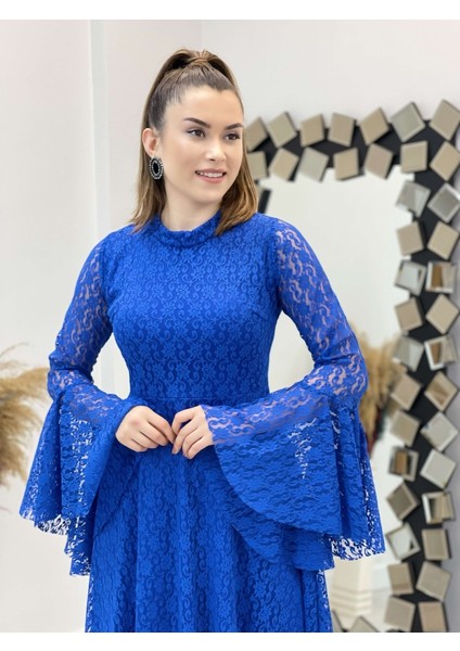 Full Dantel Kol Volanlı Elbise - Saks Mavi modelleri