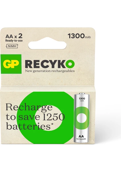 Gp Batteries Recyko 1300 Aa Kalem Ni-Mh Şarjlı Pil, 1.2 Volt, 2'li Kart