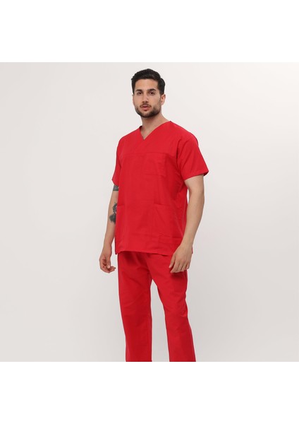 Kırmızı Likralı Zarf Yaka Doktor Hemşire Cerrahi Scrubs Erkek Forma Takımı