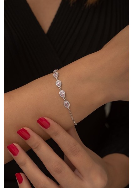 925 Ayar Rodyum Kaplamalı Pembe Zirconia Taşlı Damla Gümüş Bileklik